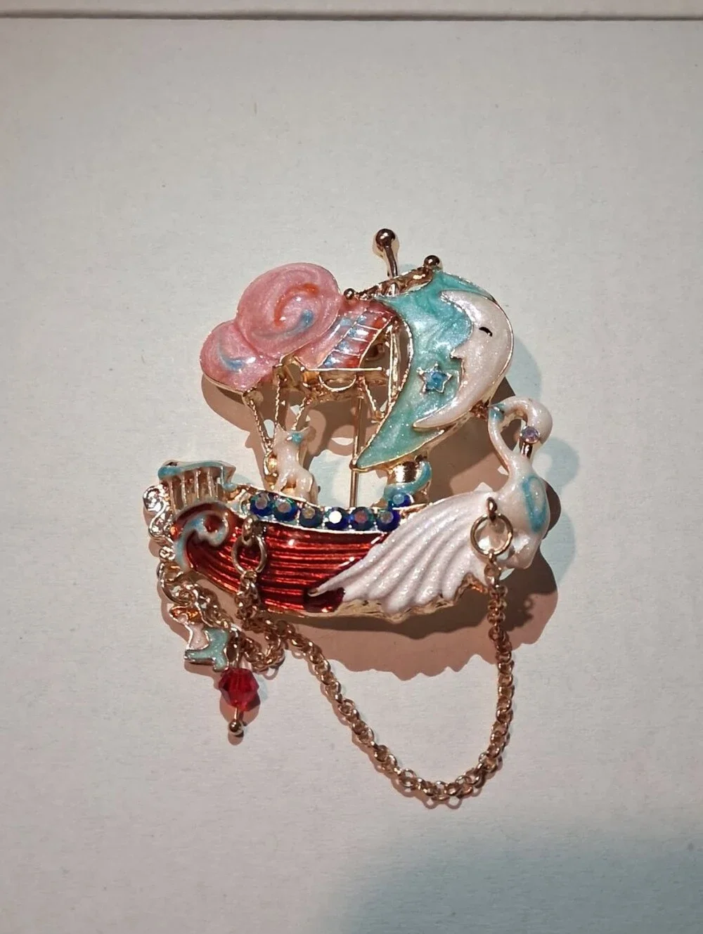 New Whimsical Enamel Swan & Moon Boat Brooch - Pastel Pink, Teal & White